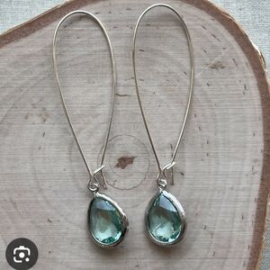 Silver Bezel Set Smokey Green Mystic Glass Dainty V Hook Infinity Hoop Earrings